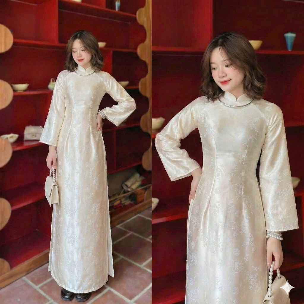 Set Áo dài cao cổ gấm trúc dài tay dáng ôm tà  dài sang trọng + Quần ống rộng chất lụa mỹ  lễ tết bê tráp ăn hỏi T1503G