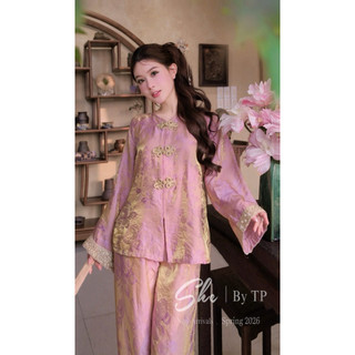 Set Phật Tử Lụa Tay Viền Nhũ Mix Quần Suông Chuẩn She’s