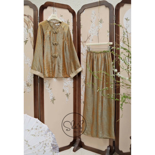 Set Phật Tử Lụa Tay Viền Nhũ Mix Quần Suông Chuẩn She’s