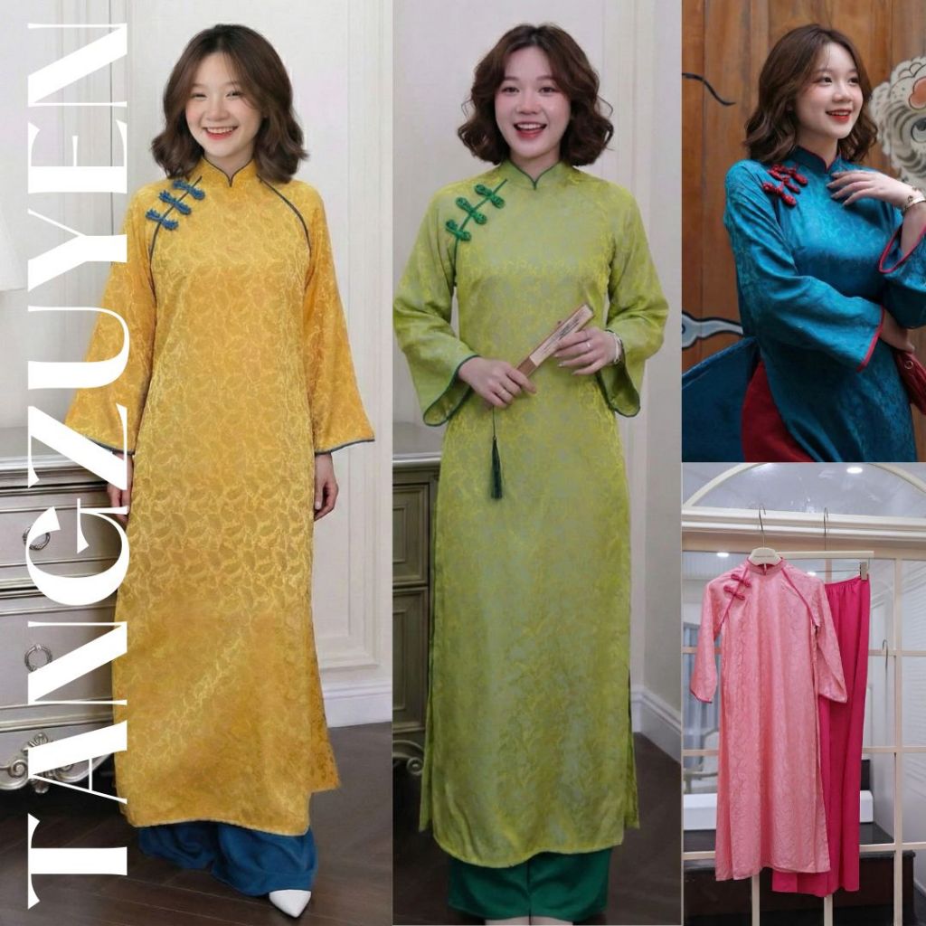 Set Áo dài suông dài tay cách tân cổ cao đính khuy vải xanh phối đỏ chất lụa gấm Quần ống rộng mặc tết lễ xinh T1446G