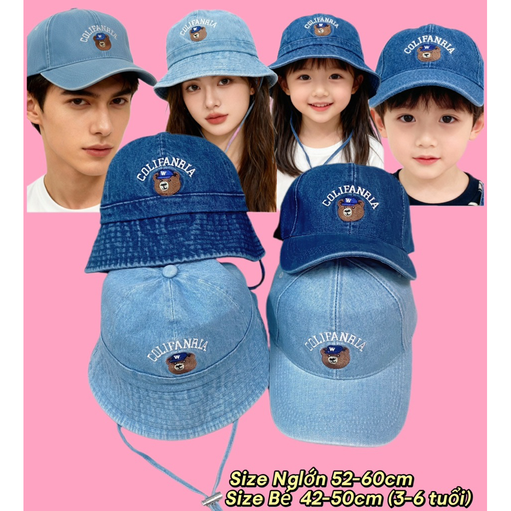 MŨ GIA ĐÌNH , NÓN CẶP DENIM GẤU ĐỦ SIZE MỌI LỨA TUỔI