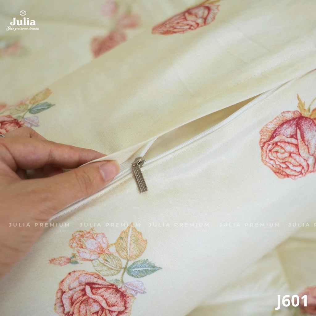 Bộ Chăn Ga Gối Cotton Lụa 100% sợi tự nhiên Cao Cấp Julia- Mềm Mịn, Thoáng Mát, Ga Giường Bọc Thun – Kem Hoa 601