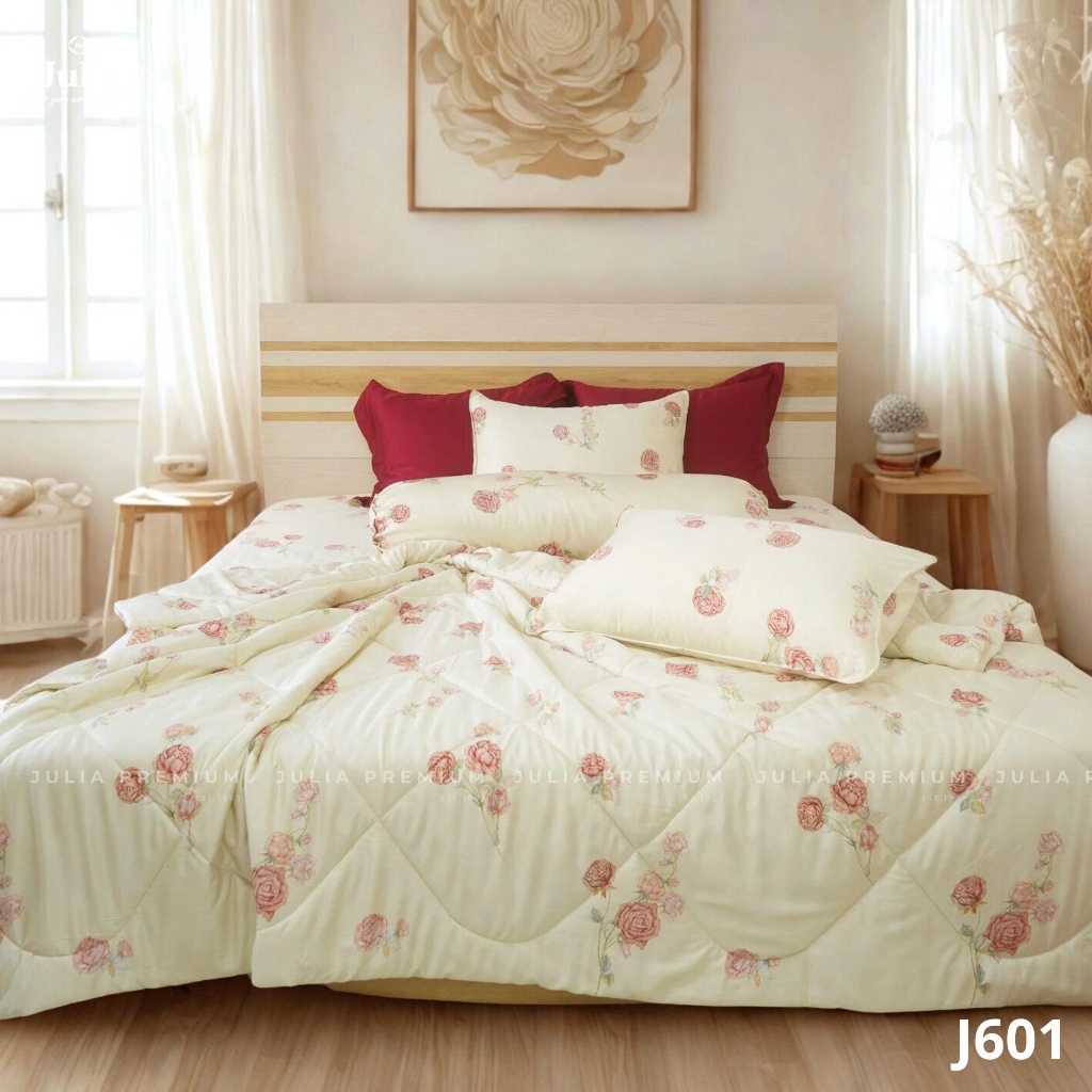 Bộ Chăn Ga Gối Cotton Lụa 100% sợi tự nhiên Cao Cấp Julia- Mềm Mịn, Thoáng Mát, Ga Giường Bọc Thun – Kem Hoa 601