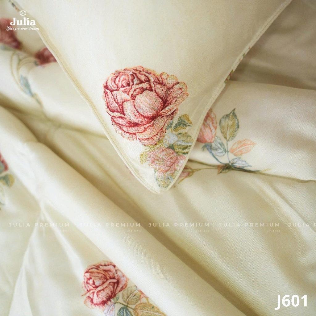 Bộ Chăn Ga Gối Cotton Lụa 100% sợi tự nhiên Cao Cấp Julia- Mềm Mịn, Thoáng Mát, Ga Giường Bọc Thun – Kem Hoa 601