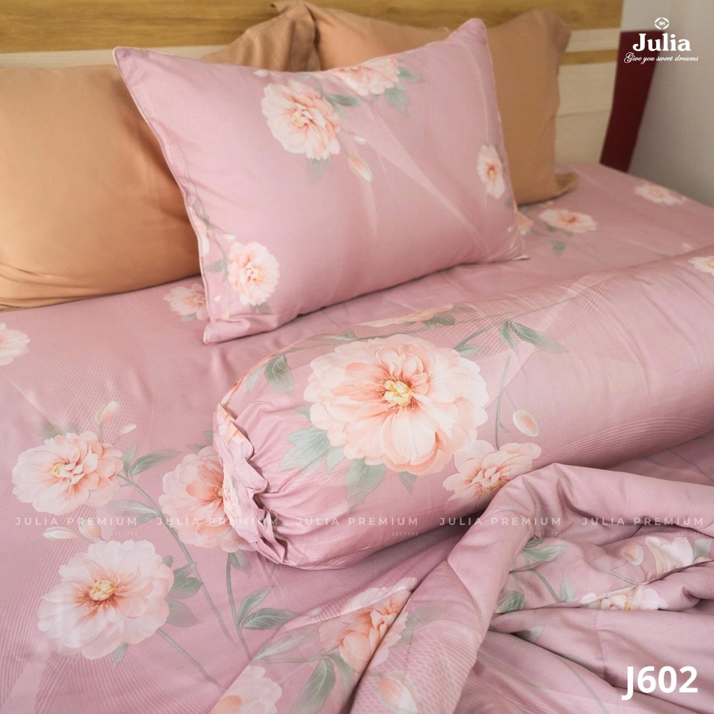 Bộ Chăn Ga Gối Cotton Lụa 100% sợi tự nhiên Cao Cấp Julia- Mềm Mịn, Thoáng Mát, Ga Giường Bọc Thun – Hồng Hoa 602