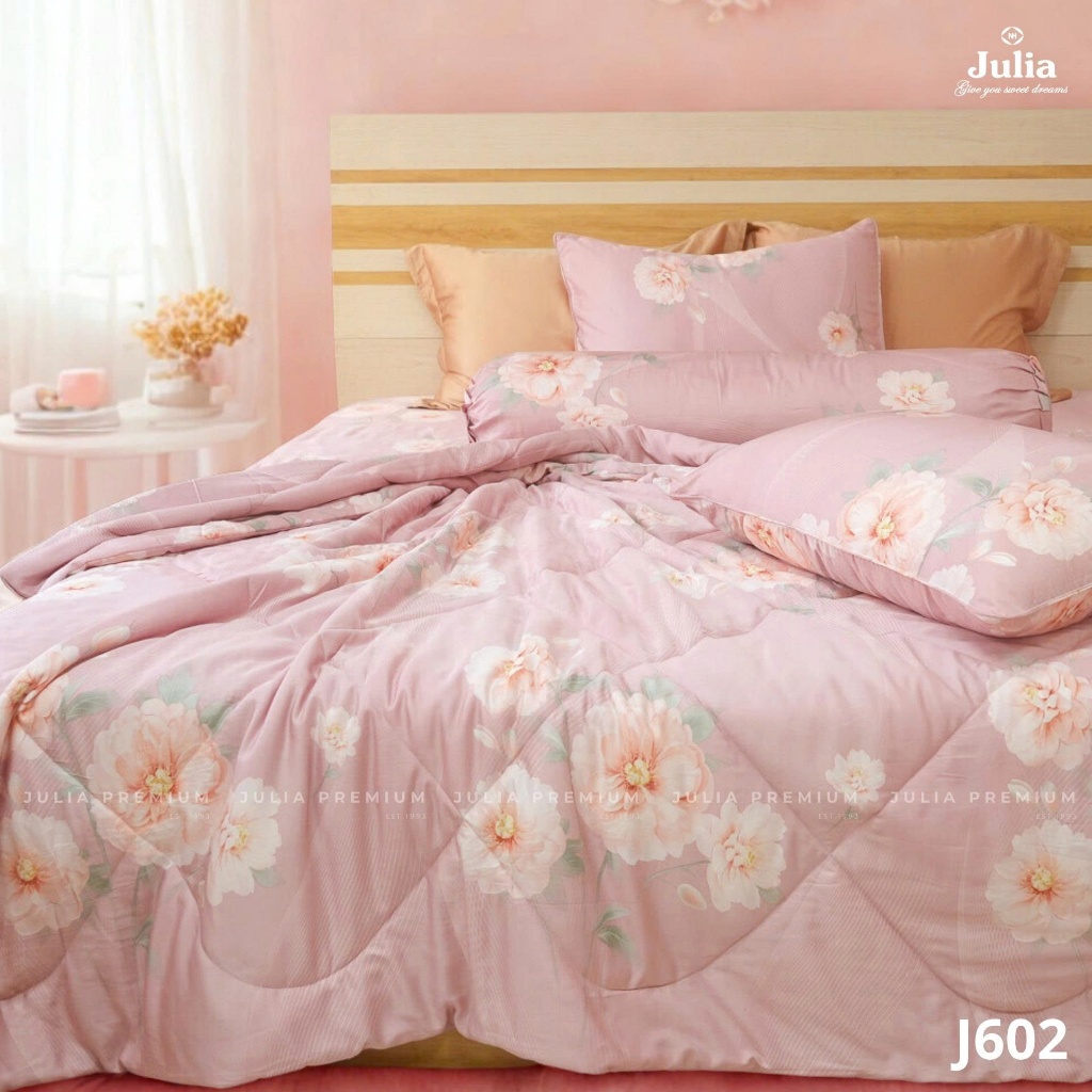 Bộ Chăn Ga Gối Cotton Lụa 100% sợi tự nhiên Cao Cấp Julia- Mềm Mịn, Thoáng Mát, Ga Giường Bọc Thun – Hồng Hoa 602
