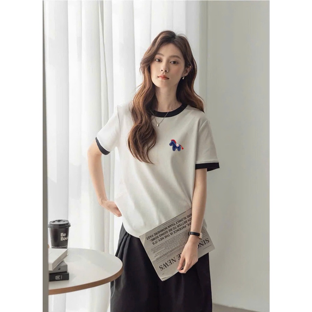 Áo thun nữ bo viền in hình dể thương JULY FASHION, Áo phông nữ dáng vừa, chất cotton dày dặn, mát mẻ