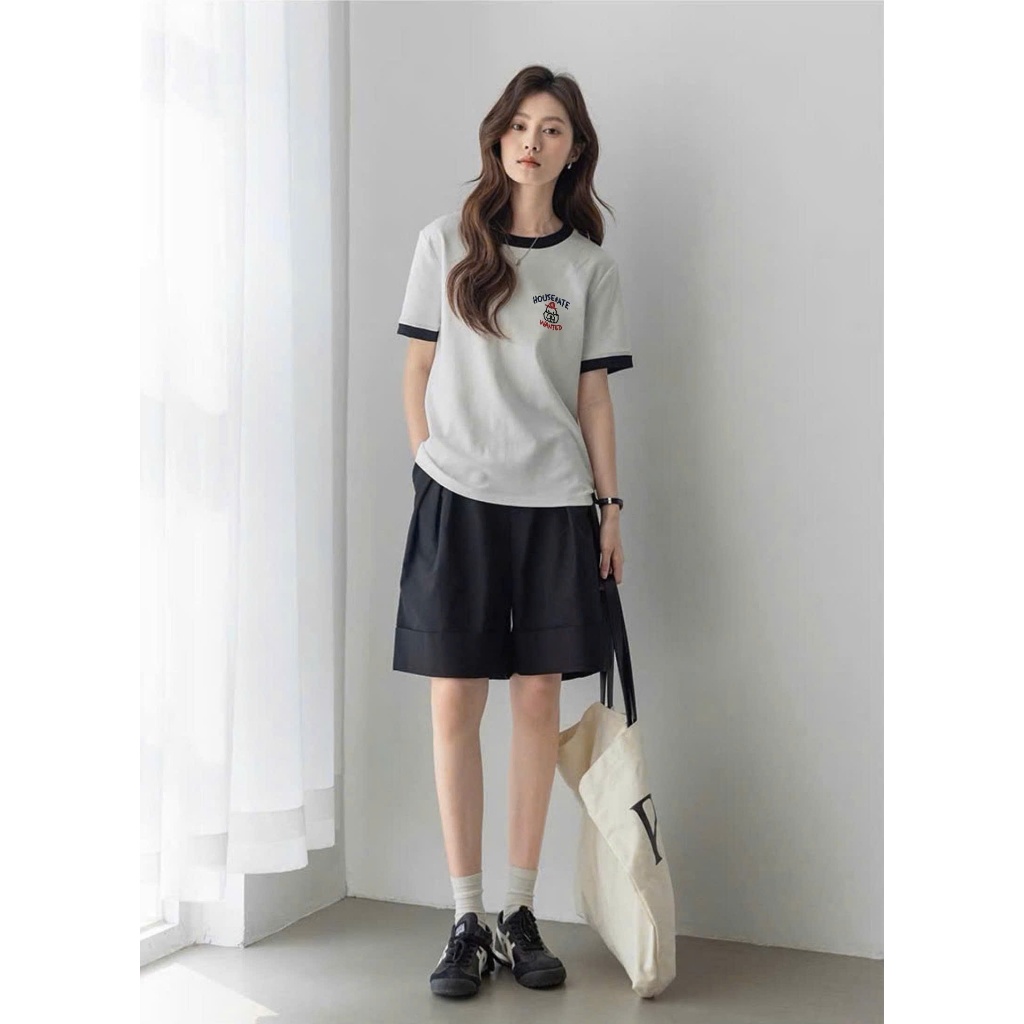 Áo thun nữ bo viền in hình dể thương JULY FASHION, Áo phông nữ dáng vừa, chất cotton dày dặn, mát mẻ