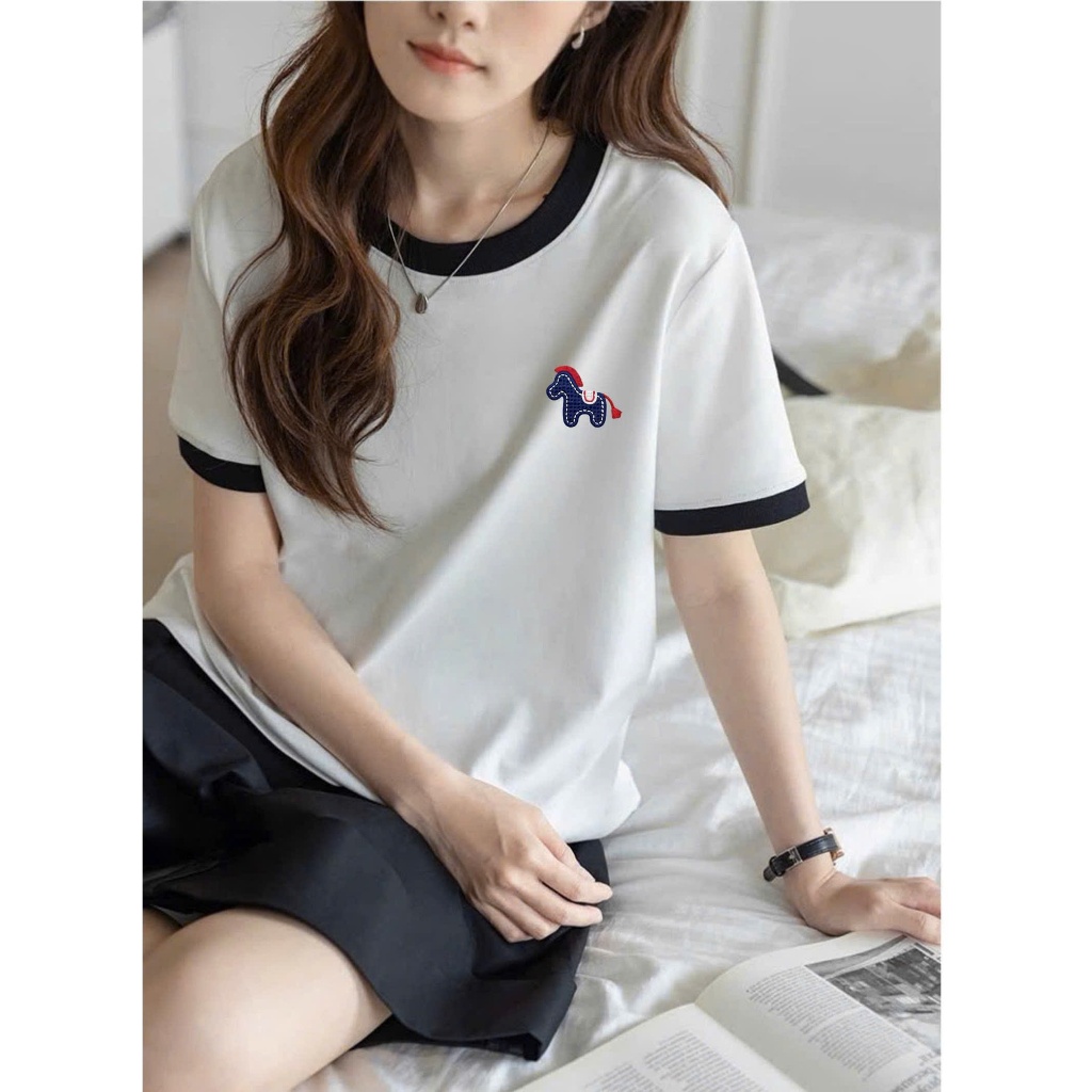 Áo thun nữ bo viền in hình dể thương JULY FASHION, Áo phông nữ dáng vừa, chất cotton dày dặn, mát mẻ
