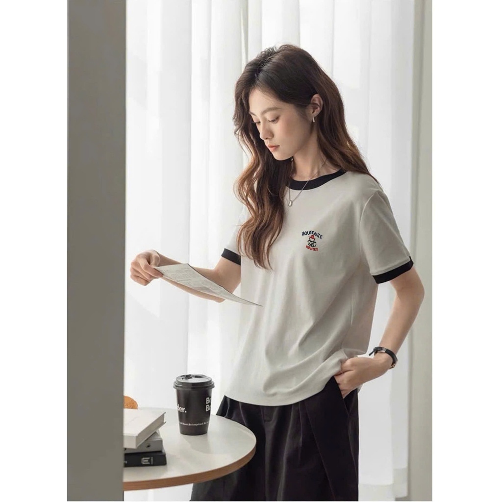 Áo thun nữ bo viền in hình dể thương JULY FASHION, Áo phông nữ dáng vừa, chất cotton dày dặn, mát mẻ