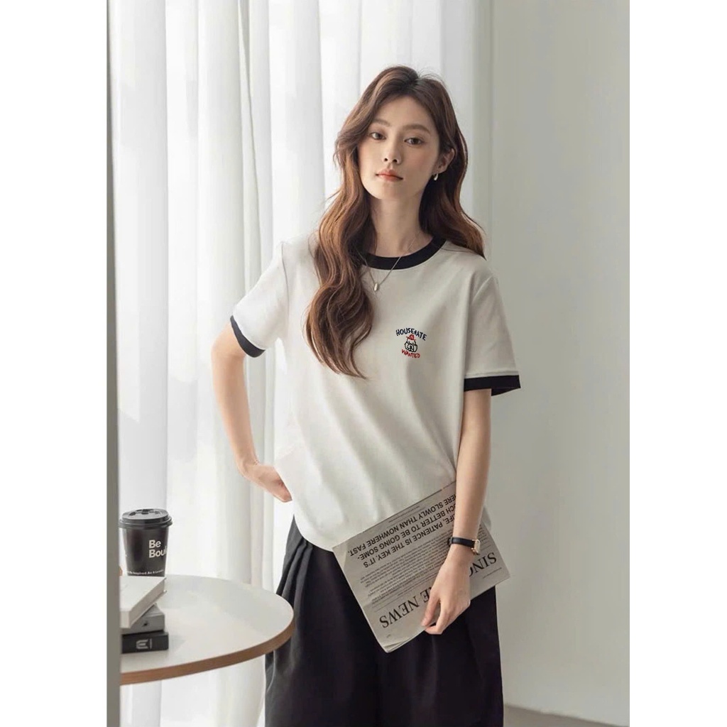Áo thun nữ bo viền in hình dể thương JULY FASHION, Áo phông nữ dáng vừa, chất cotton dày dặn, mát mẻ