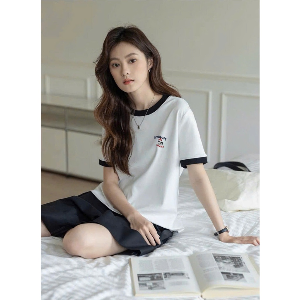 Áo thun nữ bo viền in hình dể thương JULY FASHION, Áo phông nữ dáng vừa, chất cotton dày dặn, mát mẻ