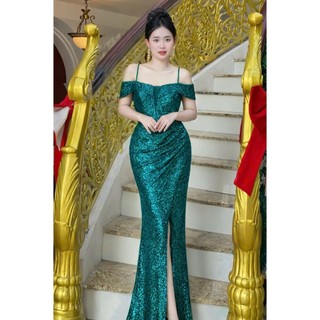Đầm dạ hội kim sa rối bẹt vai lưới ngực tko