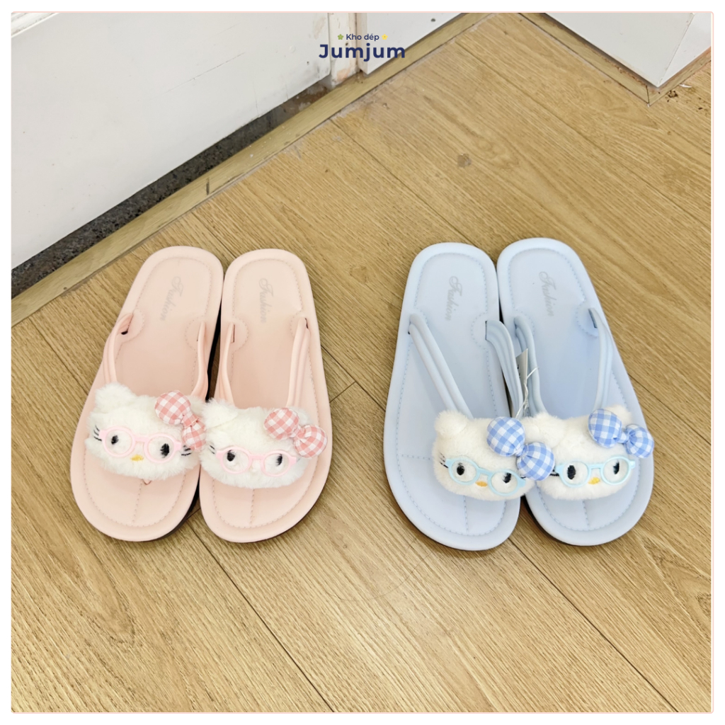Dép xỏ ngón dễ thương mèo kitty nổi 3D đế mềm đúc dày 1.5 cm chống trượt thời trang đế phẳng kháng nước phong cách Hàn Q
