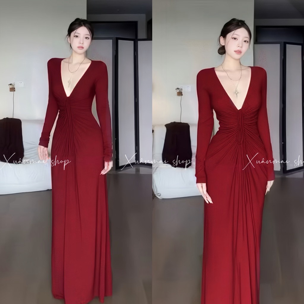 Đầm CỔ V RÚT DÁNG DÀI ôm eo Tay dài Cổ V rút trước XuânMai shop