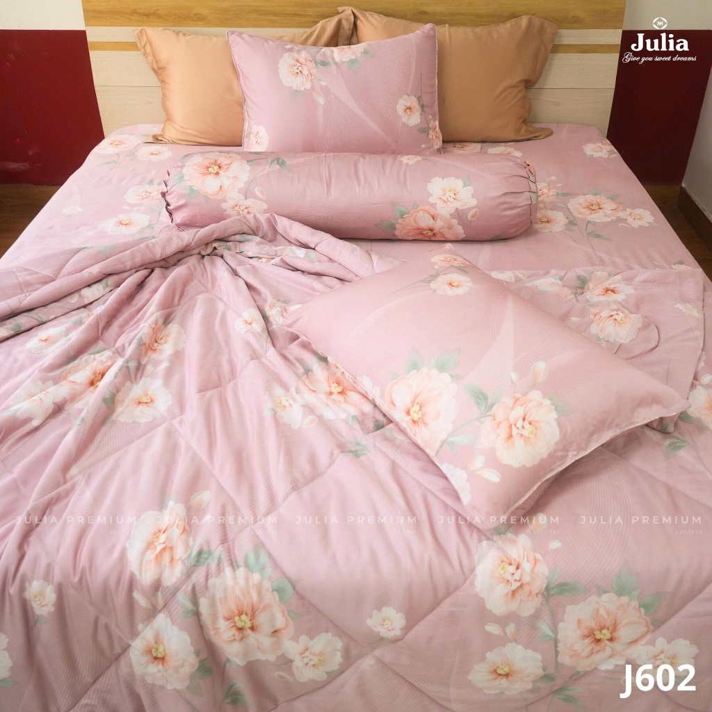 Bộ Chăn Ga Gối Cotton Lụa 100% sợi tự nhiên Cao Cấp Julia- Mềm Mịn, Thoáng Mát, Ga Giường Bọc Thun – Hồng Hoa 602