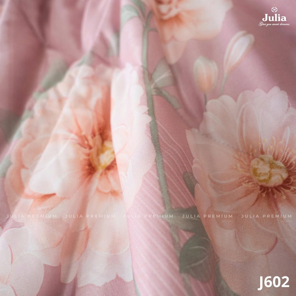 Bộ Chăn Ga Gối Cotton Lụa 100% sợi tự nhiên Cao Cấp Julia- Mềm Mịn, Thoáng Mát, Ga Giường Bọc Thun – Hồng Hoa 602