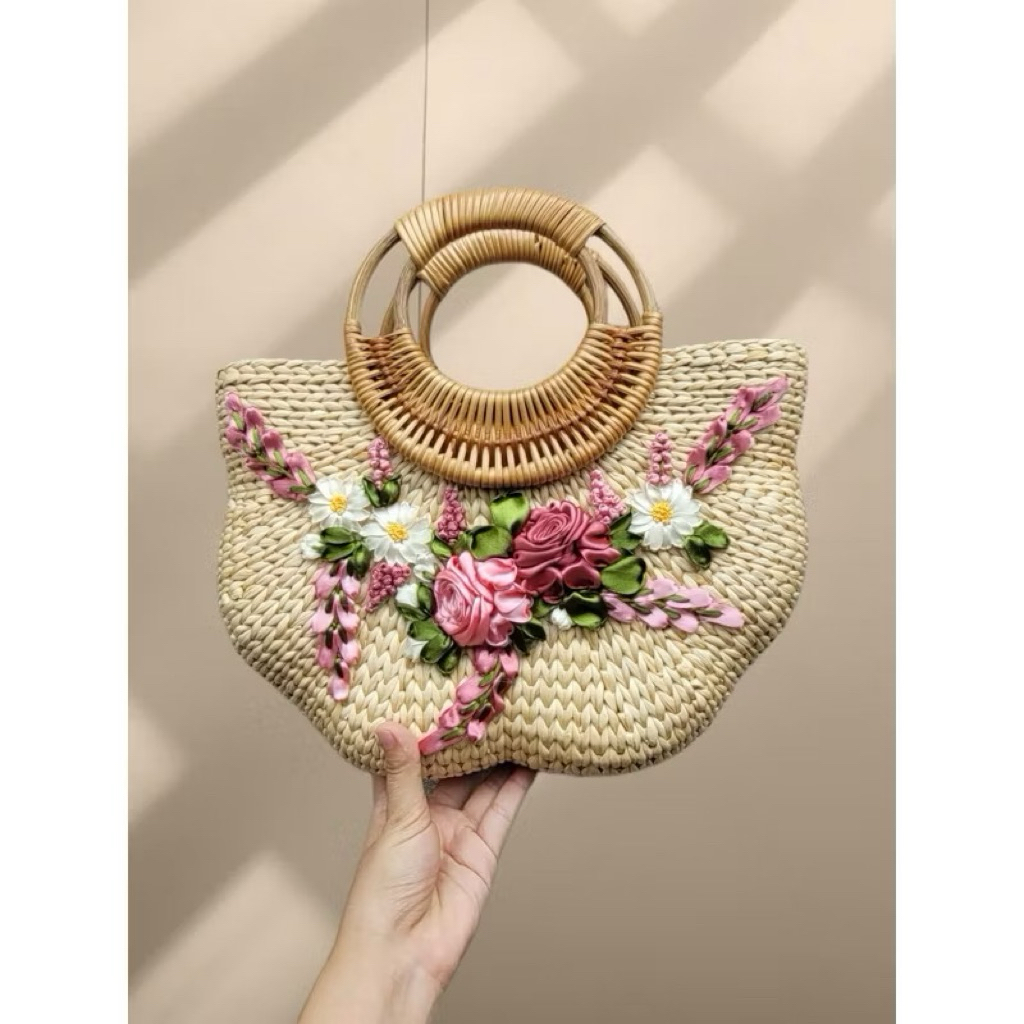 Túi cói lục bình handmade thêu hoa ruy băng hàng cao cấp