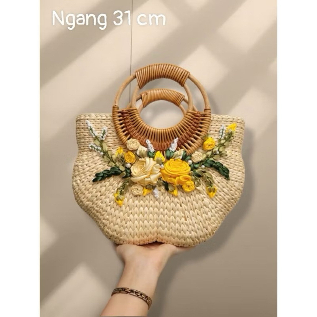 Túi cói lục bình handmade thêu hoa ruy băng hàng cao cấp