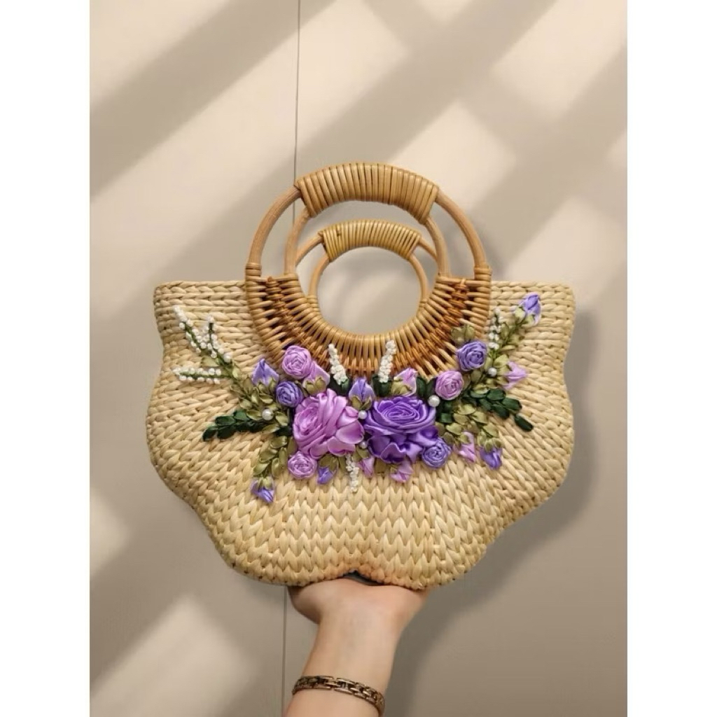 Túi cói lục bình handmade thêu hoa ruy băng hàng cao cấp