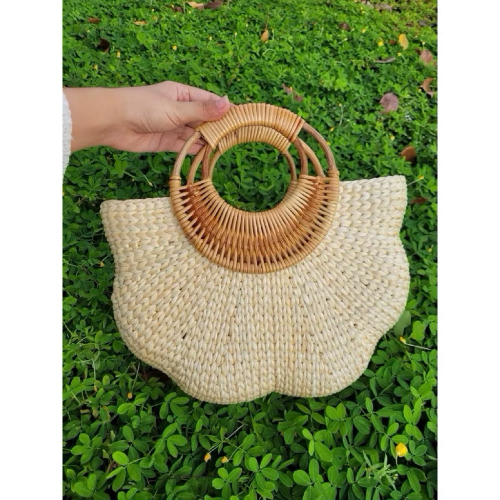 Túi cói lục bình vintage đính hoa ruy băng hàng loại 1
