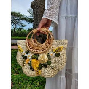Túi cói lục bình handmade thêu hoa ruy băng hàng cao cấp