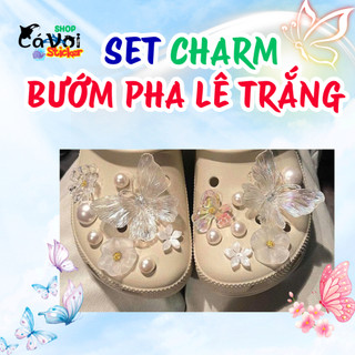 Set Charm Bướm Pha Lê Trắng & Hoa Ngọc Trai – Charm Gắn Dép Nữ Cao Cấp