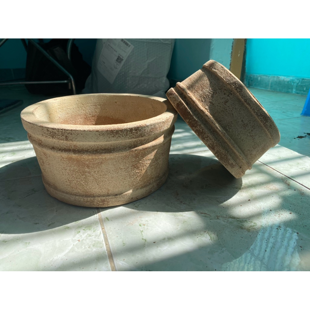Chậu Tròn dáng thấp-Chậu Giả Cổ-VUONCOCHAU tặng kèm lót chậu