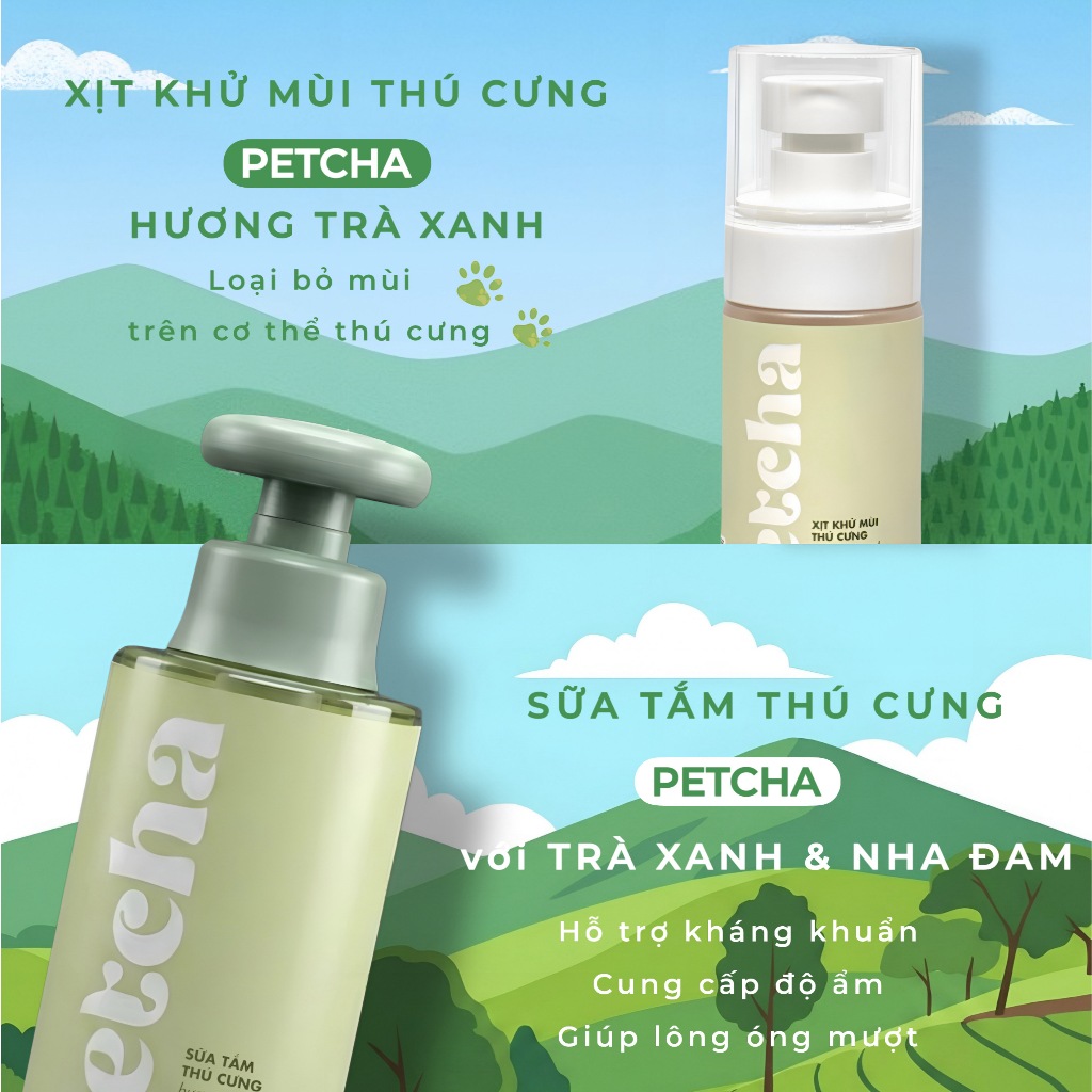 Combo Sữa Tắm + Xịt Khử Mùi Cho Chó Mèo | PETCHA - Làm Sạch Lông Thú Cưng, Khử Mùi Hiệu Quả, Dịu Nhẹ An Toàn, Giữ Lôn