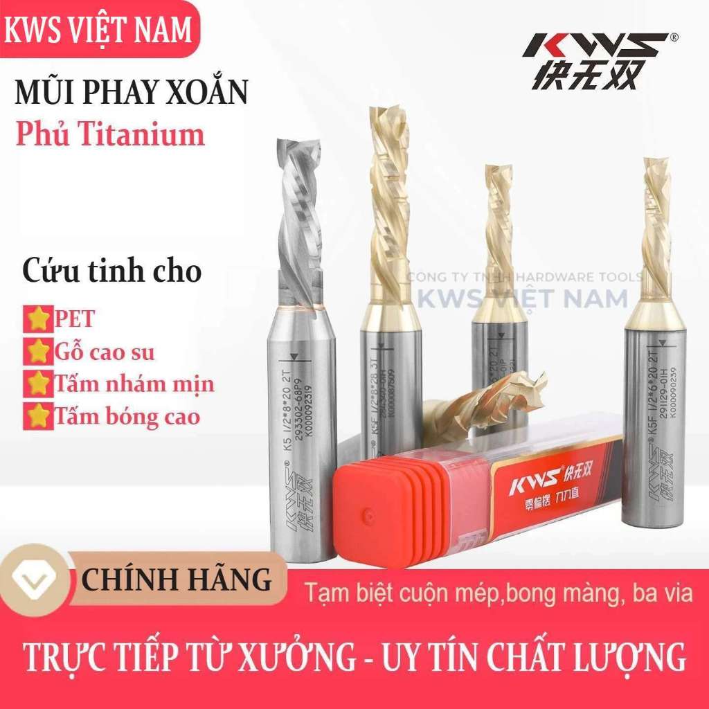 Mũi Phay CNC Xoắn 3 Lưỡi Phủ Nano Titanium KWS 6mm 8mm – Dao Phay CNC Cắt PET, MDF Không Bong Màng