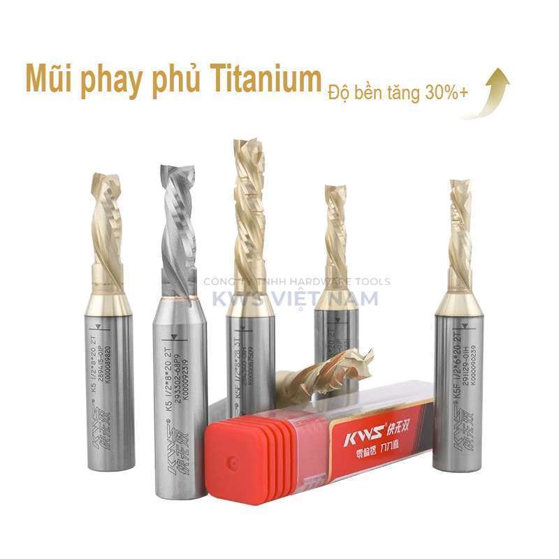 Mũi Phay CNC Xoắn 3 Lưỡi Phủ Nano Titanium KWS 6mm 8mm – Dao Phay CNC Cắt PET, MDF Không Bong Màng