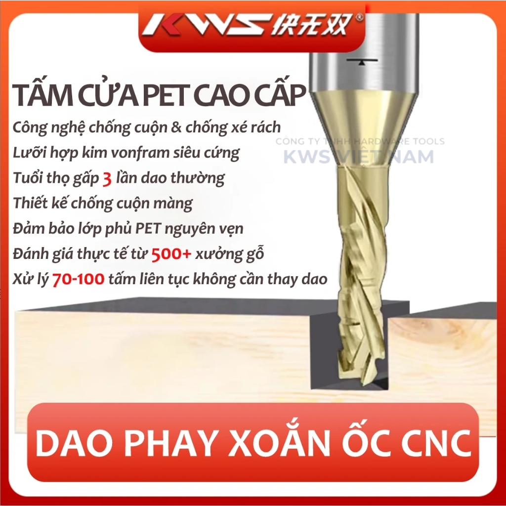 Mũi Phay CNC Xoắn 3 Lưỡi Phủ Nano Titanium KWS 6mm 8mm – Dao Phay CNC Cắt PET, MDF Không Bong Màng
