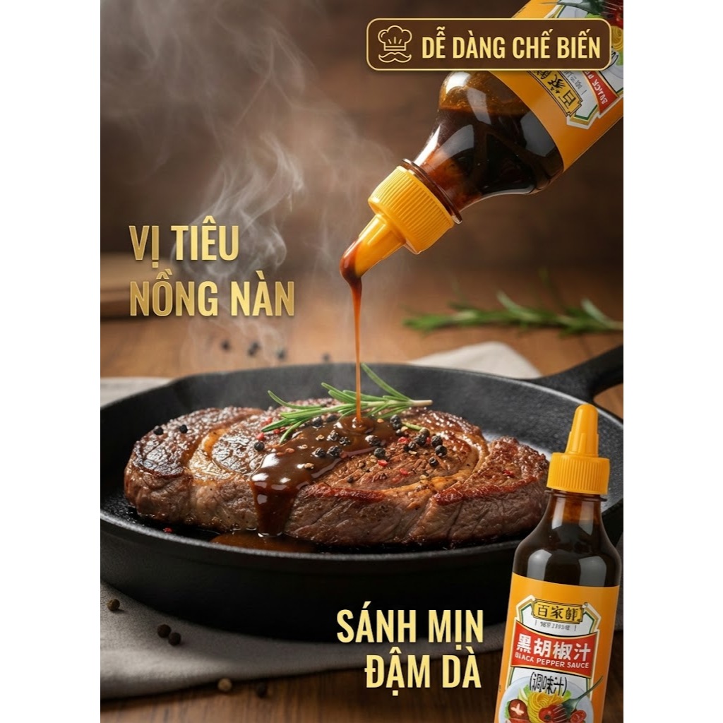 Sốt Tiêu Đen Bách Gia Tiên Chấm & Ướp Đồ Nướng 280g, Làm Steak Bò Bít Tết Sánh Quyện Đậm Đà Chuẩn Vị Nhà Hàng Luka Food