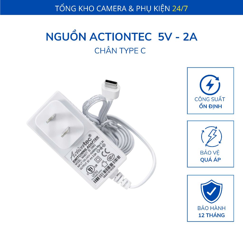 Nguồn Actiontec 5V 2A Type C cho Camera Wifi, bảo hành 12 tháng, chất ...