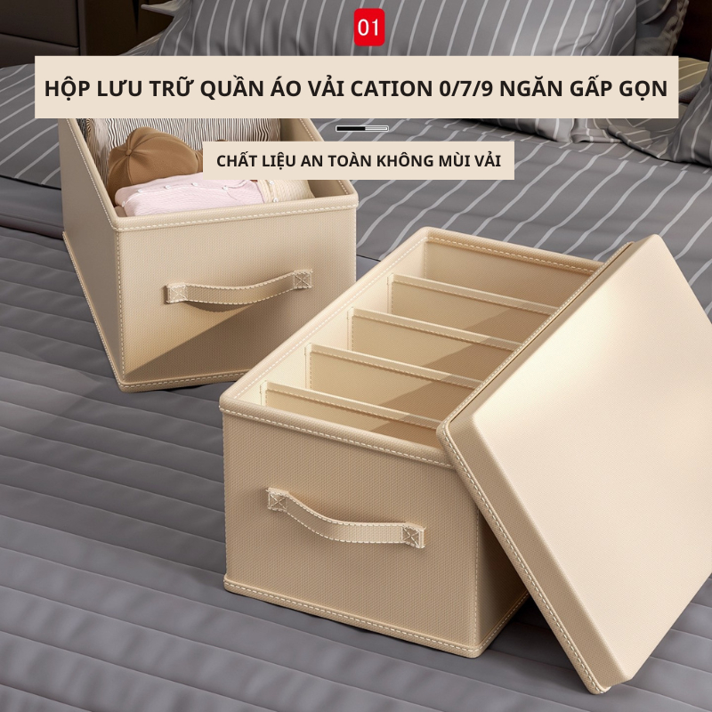 (Giặt được) Hộp đựng quần áo chia ngăn 0-7-9 ngăn, vải Cation/Cotton cao cấp, khung bảng PP đứng form TD50