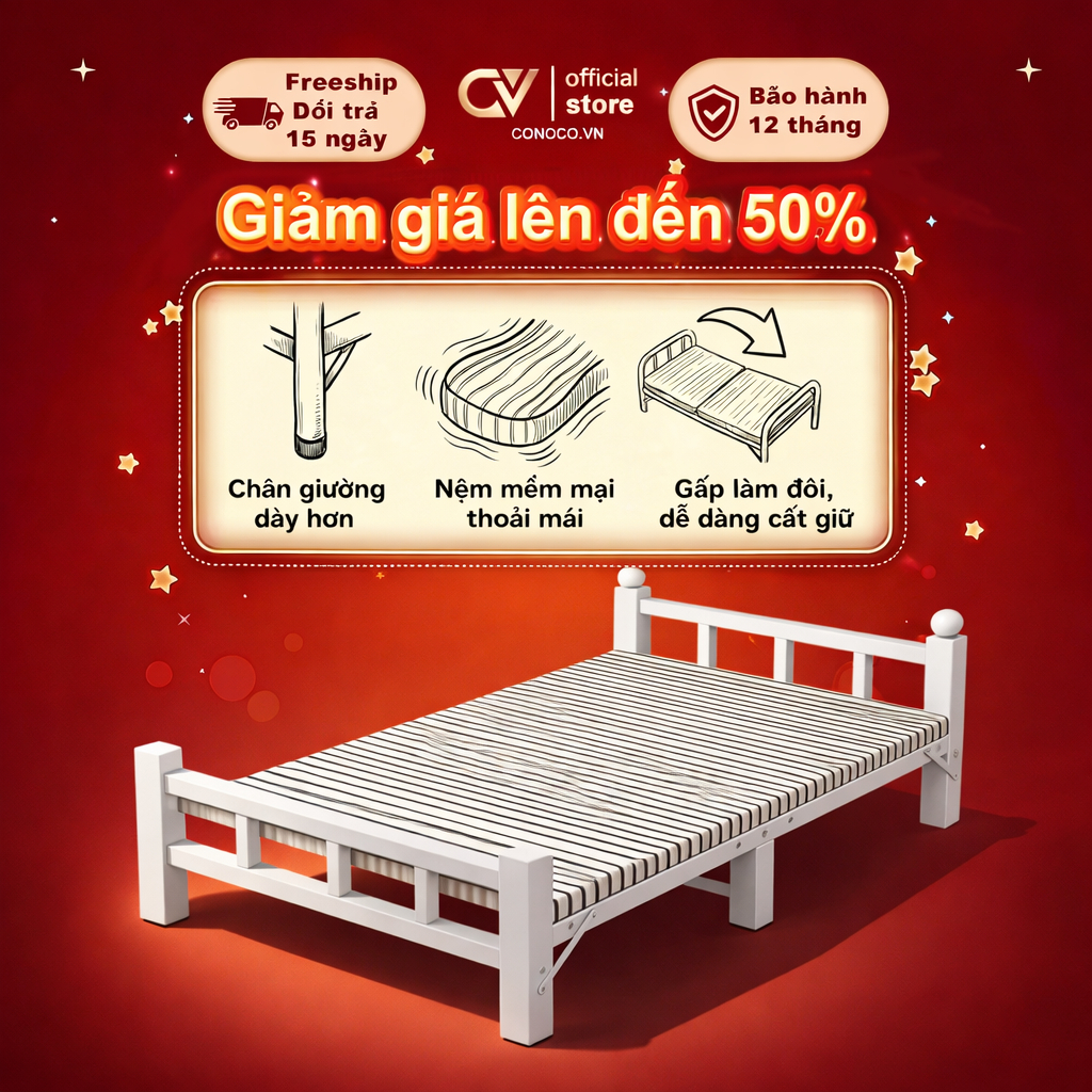 CONOCO Giường gấp khung thép dày không cần lắp ráp gấp gọn tiết kiệm không gian nhỏ khí cho ký túc xá