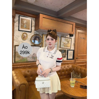 LT - Áo len nữ cổ bẻ, hình cún thêu ngực, tay kẻ sọc len mongtoghi free size 1544