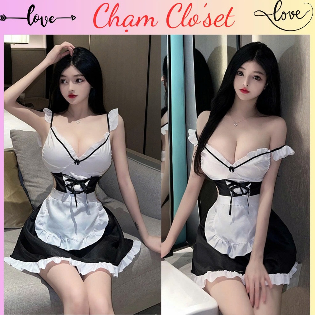 H128 – Bộ Váy Cosplay Nữ Hầu Gái Cổ Yếm,Trang Phục Cosplay Nữ Hầu Gái
