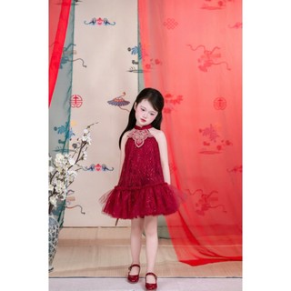 Váy yếm trung thu cổ thêu kim sa màu đỏ cho bé gái