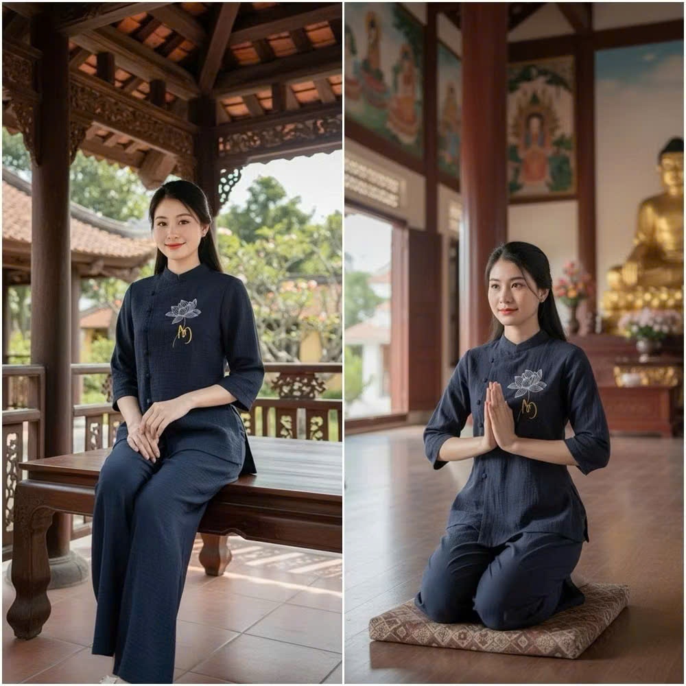 Bộ Đồ Lam Đi Chùa,Pháp Phục đi Lễ chất Lụa Hàn cao cấp - Pháp Phục Tâm An TA04