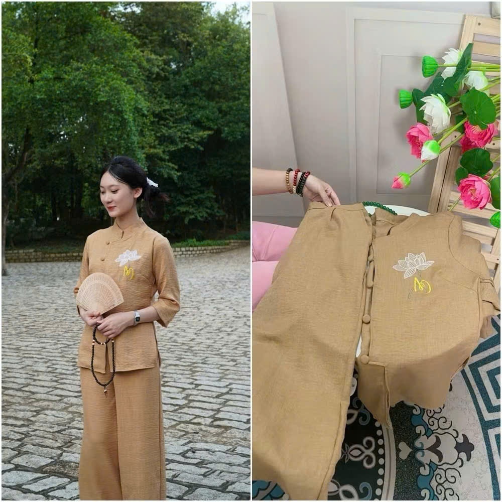 Bộ Đồ Lam Đi Chùa,Pháp Phục đi Lễ chất Lụa Hàn cao cấp - Pháp Phục Tâm An TA04