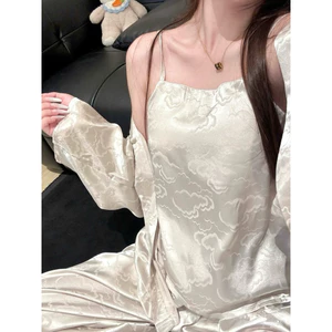 Bộ Đồ Ngủ Nữ Lụa Jacquard Cao Cấp, Áo Khoác Ngoài + Áo Hai Dây + Quần Dài Dệt Nổi Hoạ Tiết Vân Mây