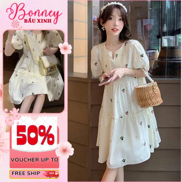 Váy bầu hoa nhí, đầm bầu thời trang dáng babydoll hoa nhí kiểu dáng Hàn Quốc họa tiết hoa vintarget