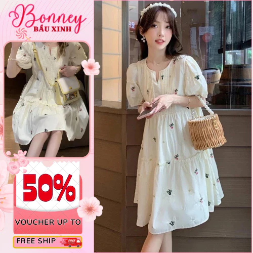 Váy bầu hoa nhí, đầm bầu thời trang dáng babydoll hoa nhí kiểu dáng Hàn Quốc họa tiết hoa vintarget