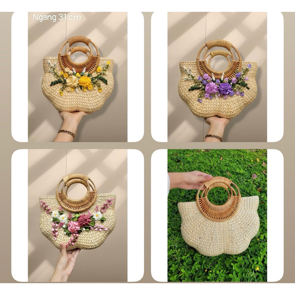 Túi cói lục bình vintage đính hoa ruy băng hàng loại 1