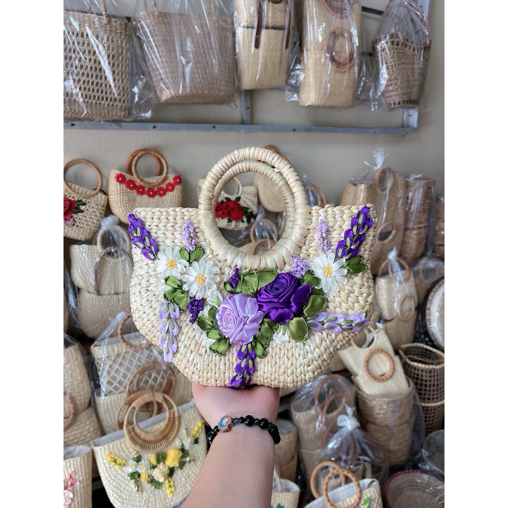 Túi cói lục bình vintage đính hoa ruy băng hàng loại 1