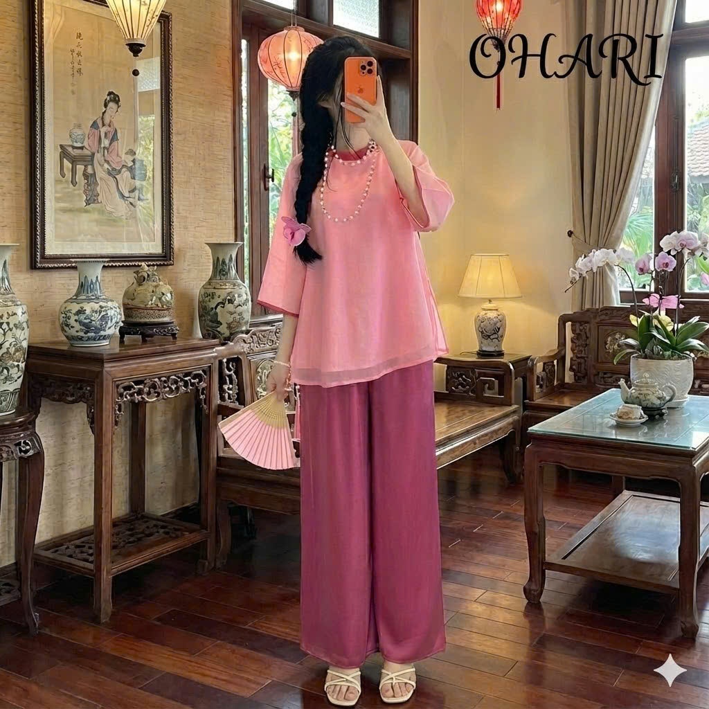 SET ÁO VOAN cách tân babydoll + Quần lụa, Set đồ lam pháp phục đi chùa, set đồ đi chơi Tết