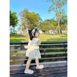 Set bé gái LittleBee áo + váy thêu màu be