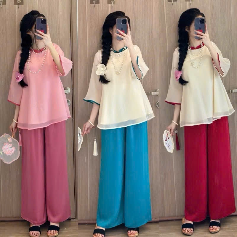 SET ÁO VOAN cách tân babydoll + Quần lụa, Set đồ lam pháp phục đi chùa, set đồ đi chơi Tết