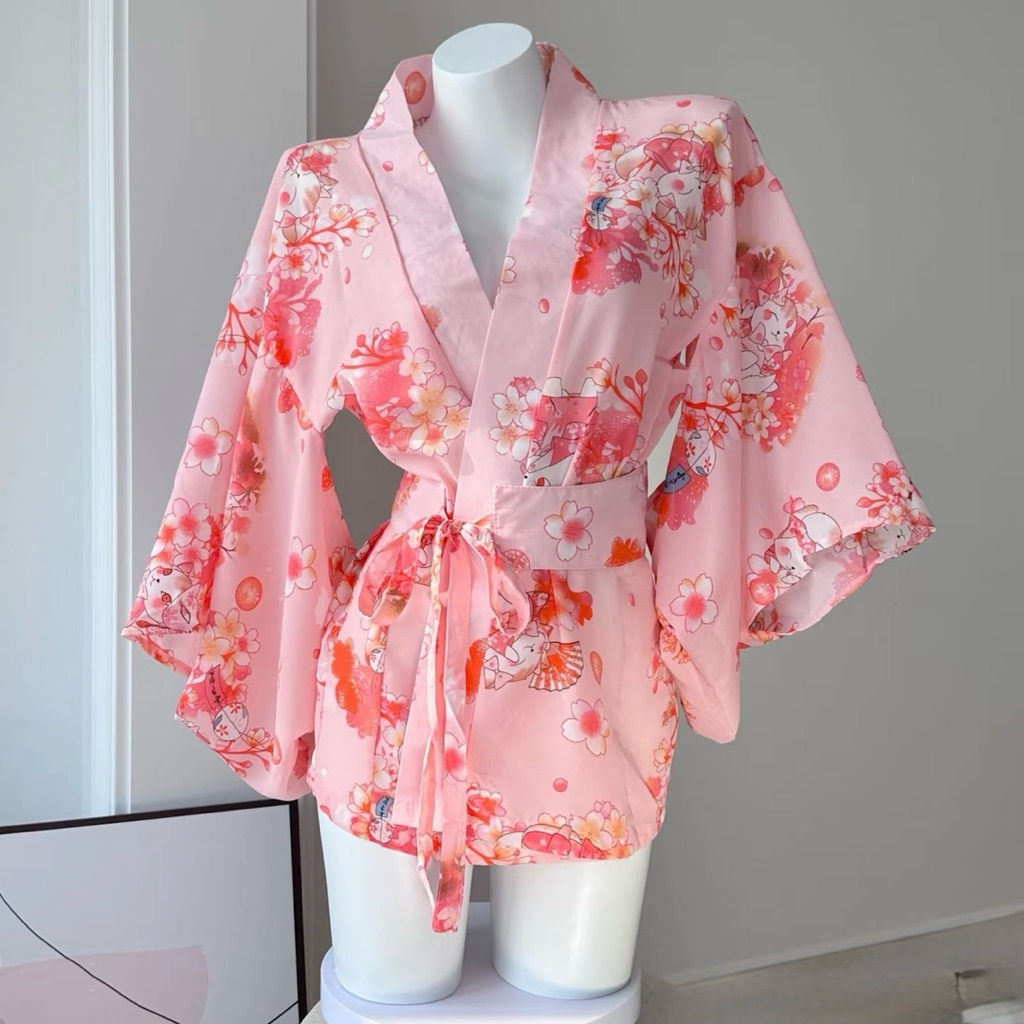 Kimono Nữ Hồng Cao Cấp Dáng Ngắn Tay Rộng Phong Cách Nhật Bản Thanh Lịch